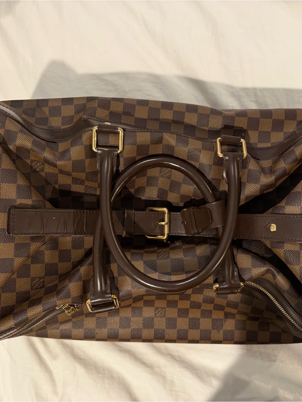 Louis Vuitton Brown Checkered Duffel with Gold Hardware
